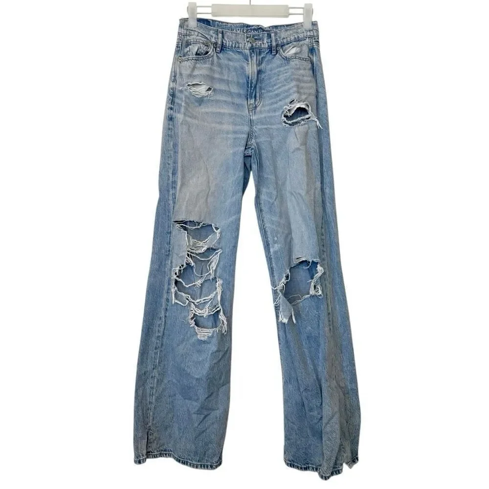 American Eagle Wide Leg High Rise Whiskering Cotton Distressed Jeans Blue Size 0